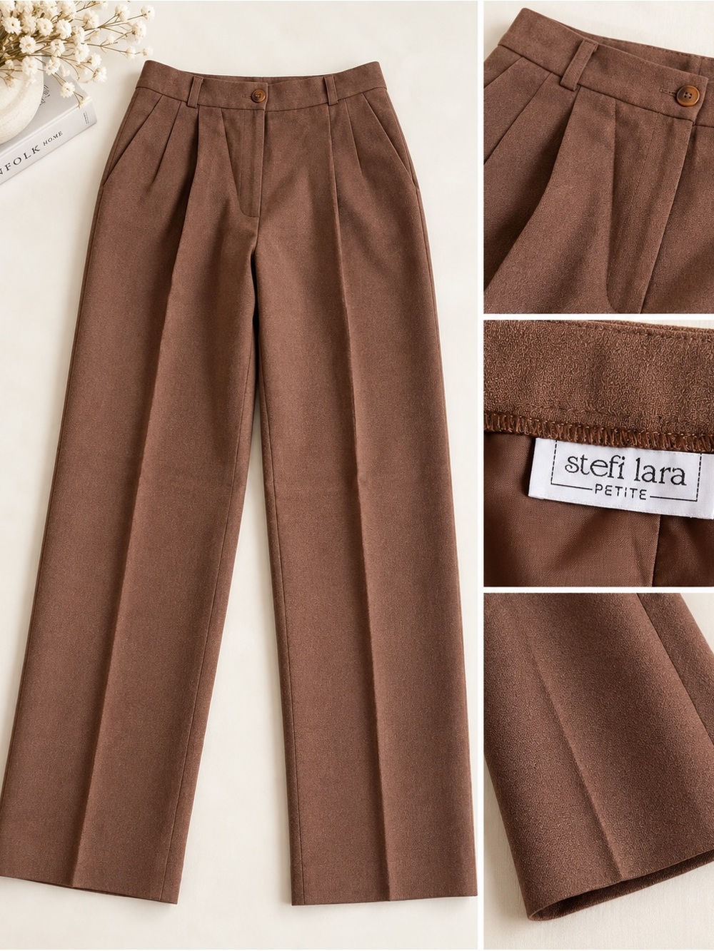 Stefi Lara Petite Brown High-Rise Pleated Trousers